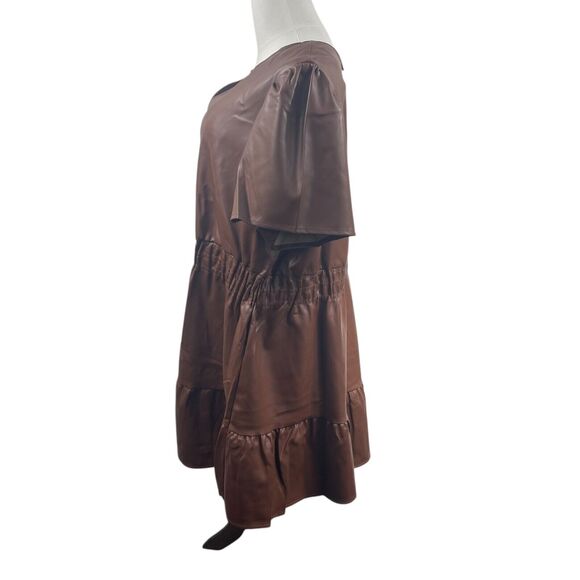 Brown Soft Vegan Leather Tiered Midi Dress Sz 4X V-Neck Ruffle Slimming - Picture 3 of 10